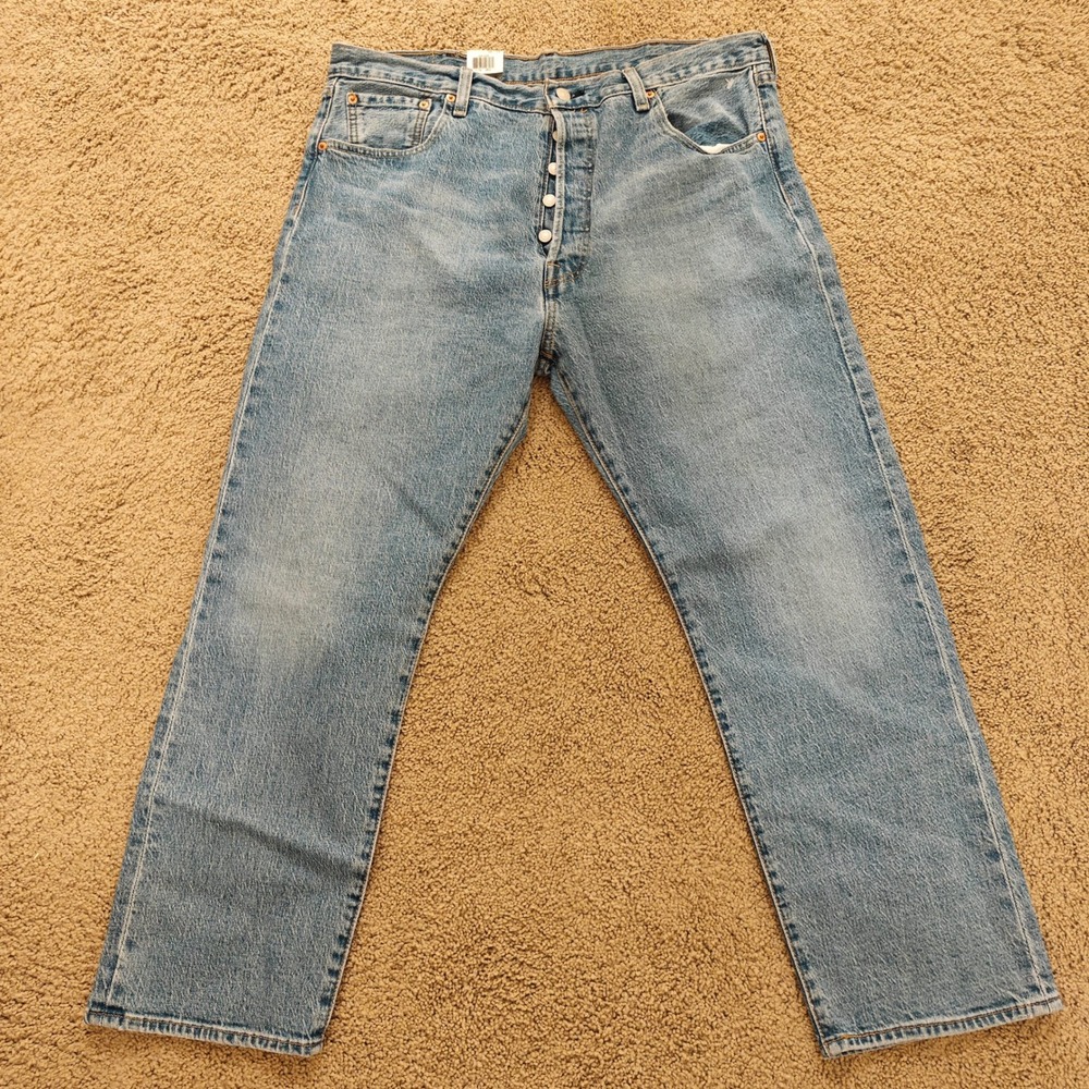 Levis 501 Original Fit Mens Jeans 38x29 Light Wash Blue Stretch Button Fly NEW